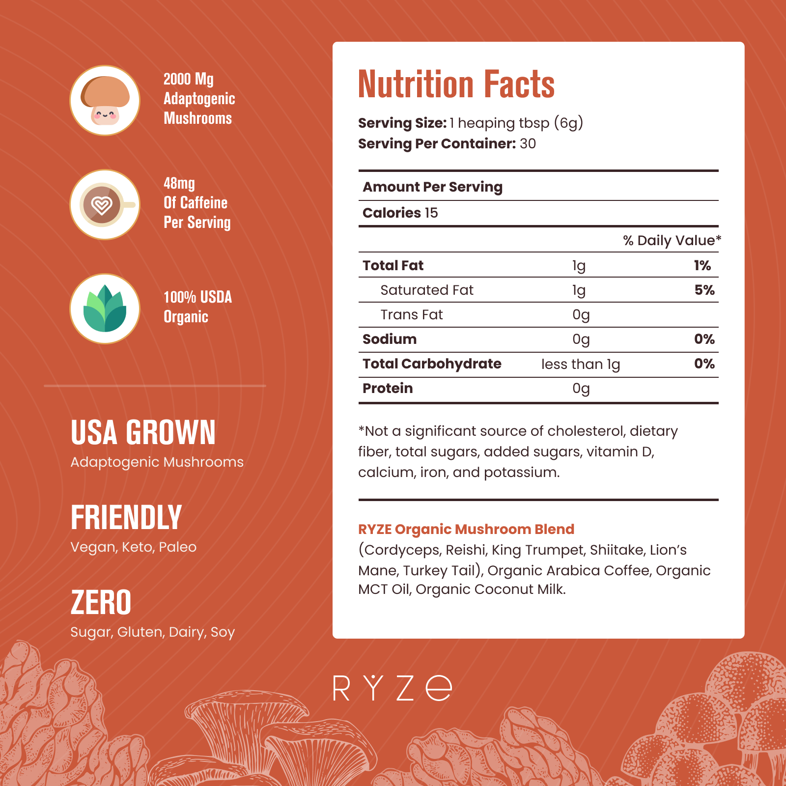 RYZE Mushroom Coffee - with 6 Organic Adaptogenic Mushrooms Grown in USA and High Potency