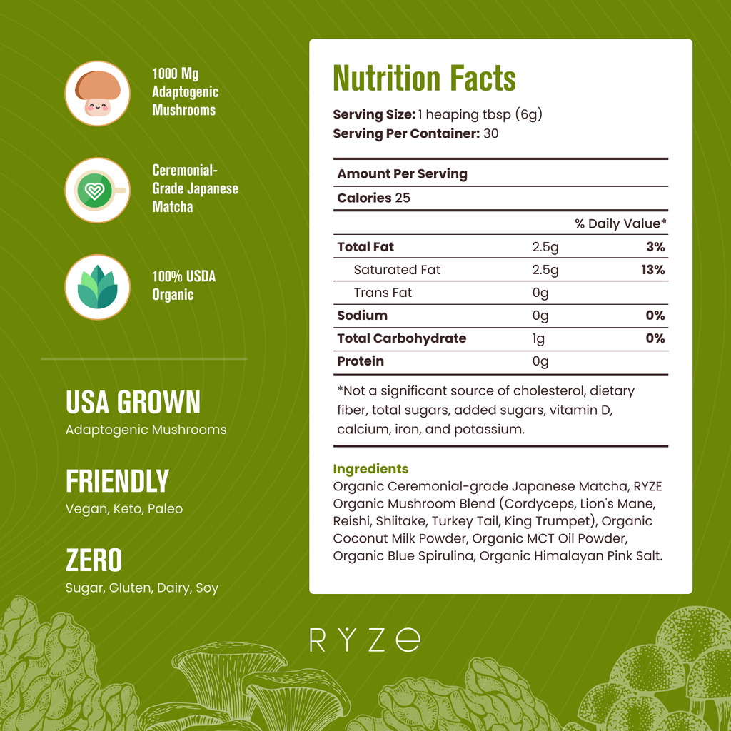 RYZE Mushroom Matcha - with 6 Organic Adaptogenic Mushrooms Grown In USA and Ceremonial-Grade Japanese Matcha